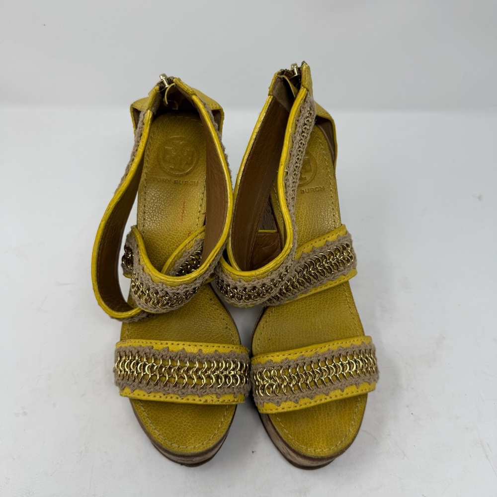 Tory Burch Lucian YellowLeather Gold Chain Strappy Cork Wedge Sandals Women’s 8M - Picture 2 of 12